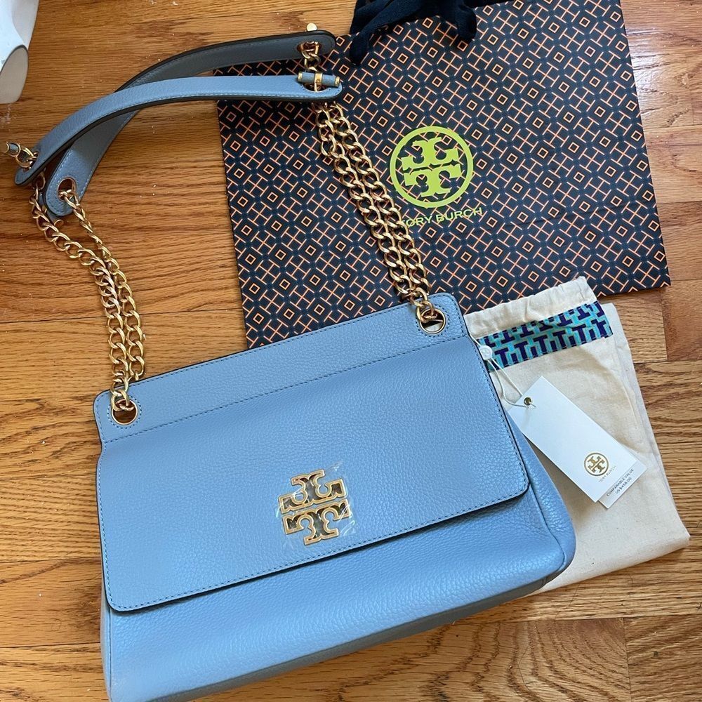 NWT . Tory Burch Britten Flap Shoulder Bag Blue Cloud